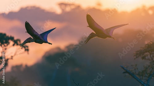 Two pterosaurs gliding over a misty ancient rainforest at sunset, showing leathery wings and a warm orange sky for prehistoric wildlife concepts