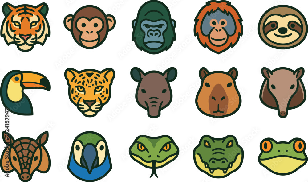 Naklejka premium Set of wild animal face vector flat illustration featuring various jungle creatures and exotic species for design projects