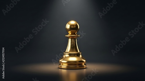Golden chess pawn standing alone on reflective surface. Luxury leadership symbol isolated in dramatic spotlight for corporate strategy.