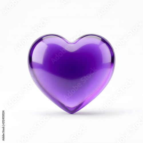 Vibrant purple heart shape made from polished glossy glass rendered with smooth lighting against a clean and solid white background