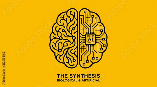 Human brain merging biology and technology in digital art. Futuristic neural network concept with AI and cognitive science fusion.