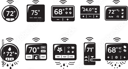 Smart thermostat display icon collection for home climate management.