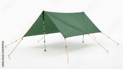 Green camping tarp shelter set up for outdoor protection with adventure protection bushcraft survival landscape vacation recreation equipment flysheet temporary lightweight mountains
