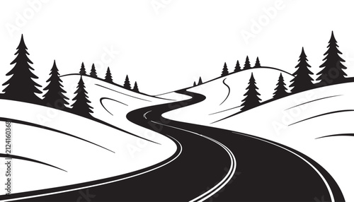 Curving road through stylized winter landscape with pine trees on transparent background.