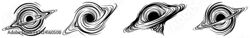 Black hole space vortexes and celestial galaxy spirals in woodcut graphic style