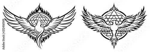 Phoenix bird with outspread wings over sacred geometry and fire in detailed tattoo style