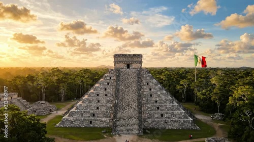 Chichen itza pyramid at sunset with waving mexican flag iconic mayan archaeological site and travel destination in yucatan, mexico