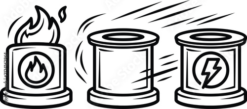 Battery icon vector set featuring fire and lightning symbols
