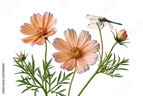 Cosmos flowers and dragonfly isolated on white background