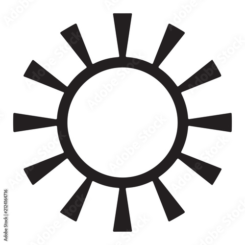 Black sun icon with geometric rays for weather forecasting and summer graphic design