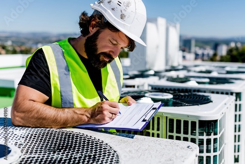 Service technician in a safety vest and hard hat writing on a clipboard while inspecting rooftop HVAC units for commercial maintenance and facility repair