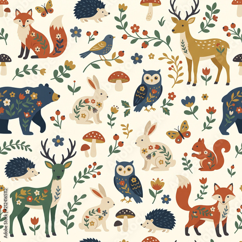 Woodland Whimsy: A charming collection of stylized forest animals and flora, rendered in a folk art aesthetic, creates a delightful seamless pattern.