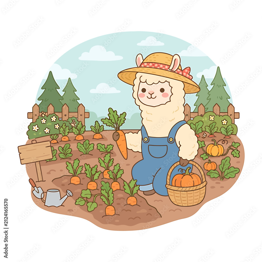 Obraz premium Cute cartoon llama farmer harvesting fresh vegetables in a garden patch.