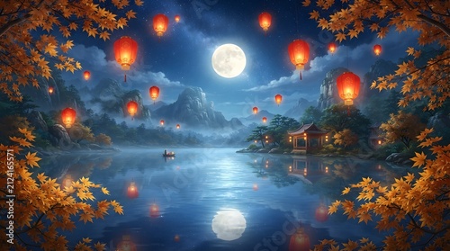A beautiful night view of a lake with glowing lanterns and a bright full moon celebrating the traditional mid autumn festival china cultural holiday event