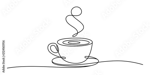 Foto Continuous single line drawing of a hot cup of coffee with steam on a saucer