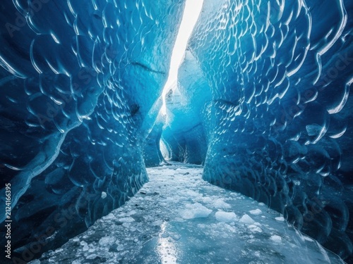 Blue ice cave tunnel with frozen ground and overhead light