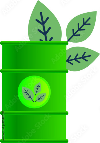 Green biofuel barrel with leaves flat vector illustration for eco friendly energy and sustainable fuel concept