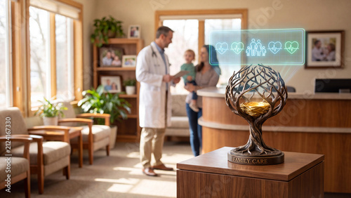 Pediatrician consults with a mother and child in a medical office next to a sculptural tree model displaying heart icons.