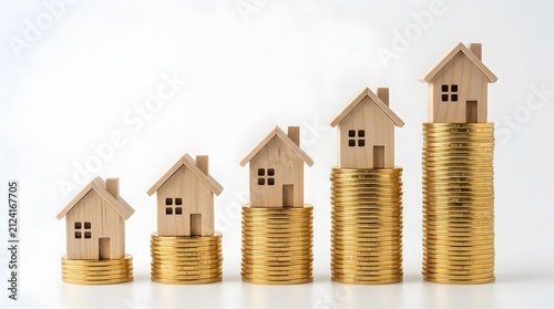 Rising Coin Stacks with Small Wooden Houses Showing Growth in Real Estate Investment