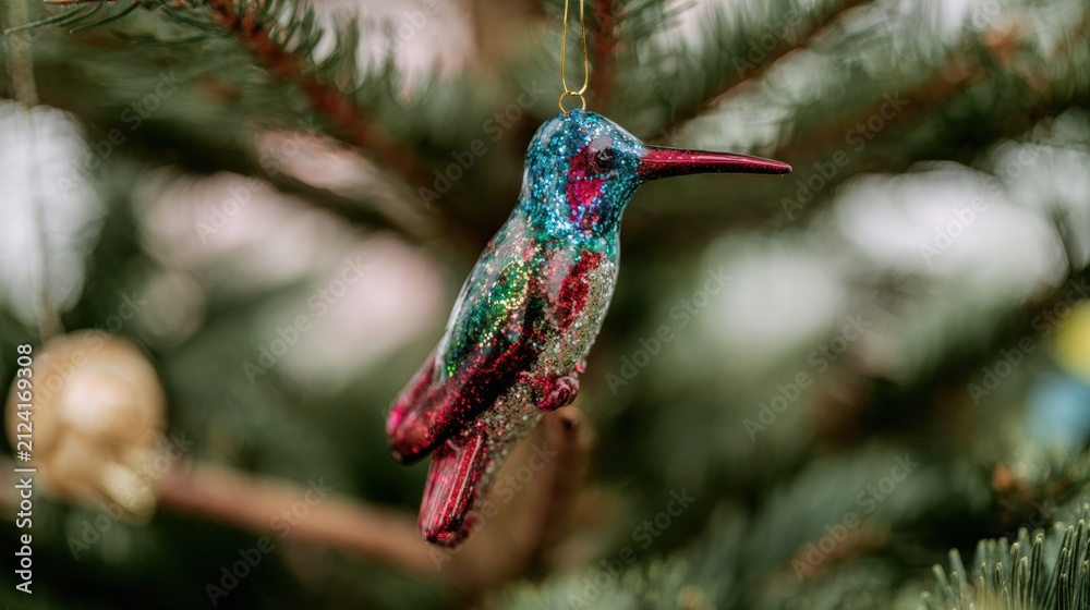 Fototapeta premium Sparkling hummingbird ornament hanging on a green tree branch during the holiday season