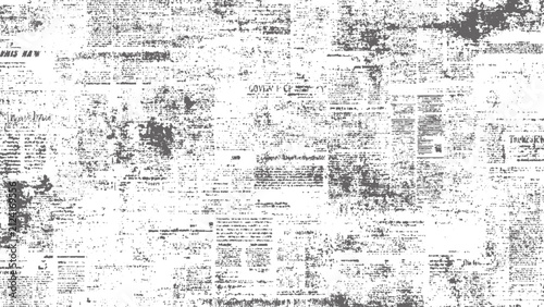 Distressed newspaper background, with blurred, illegible, dark gray text, ink smudges, and, vintage typography on, a white paper surface
