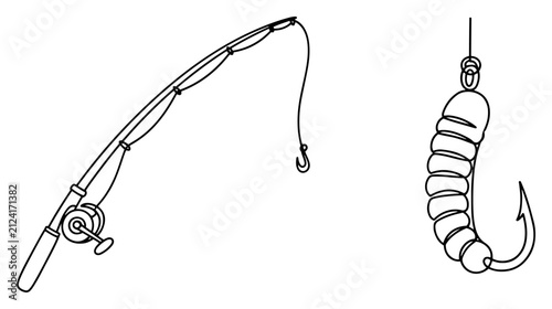 Foto Fishing rod and hook with bait in minimalist continuous line art style