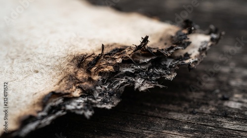 Close-up of burnt paper edge with charred texture representing destruction or history on a rustic wooden background