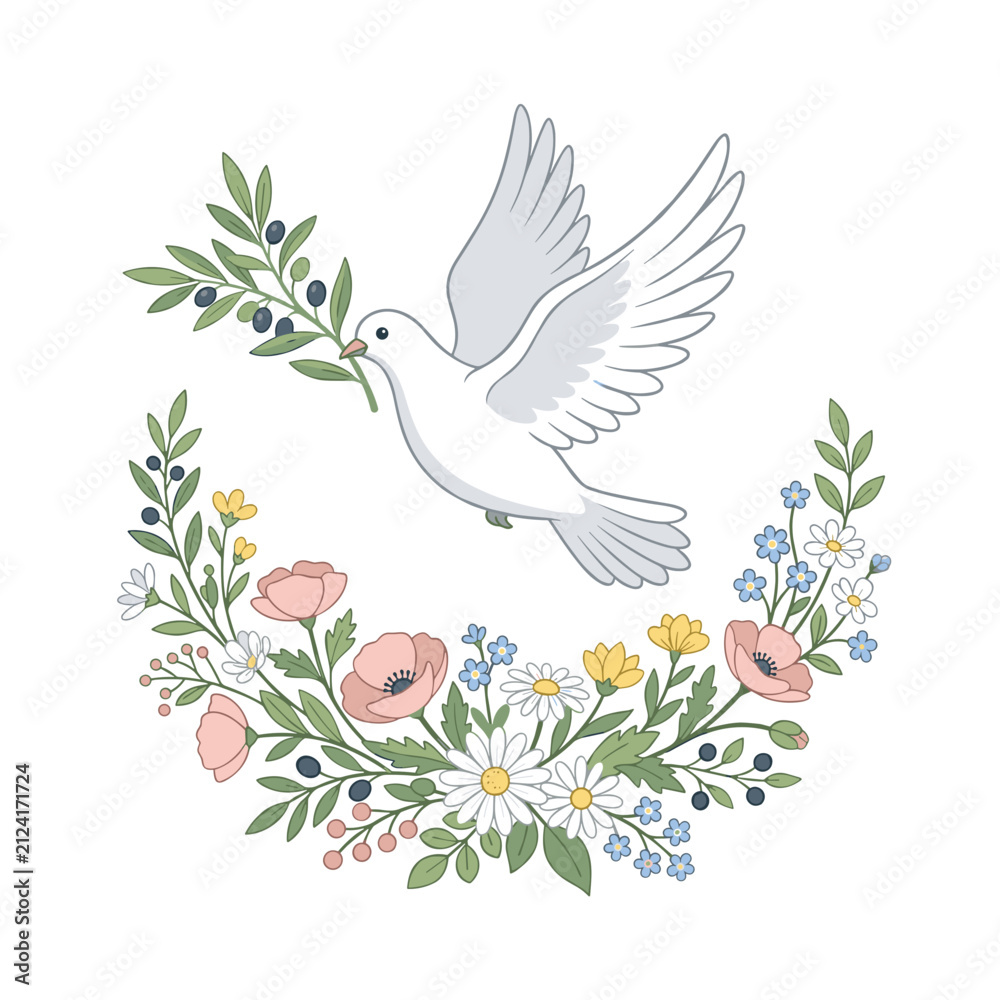 Fototapeta premium White Dove Carrying Olive Branch Over Floral Wreath Symbolizing Peace and Hope