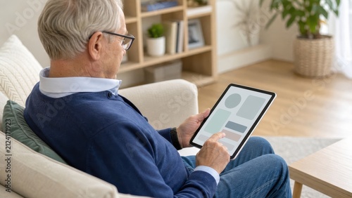 Senior Man Using Tablet at Home While Relaxing on a Comfortable Couch