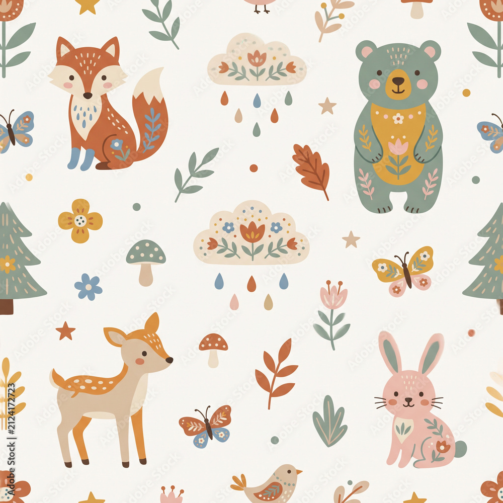 Naklejka premium Woodland Wonder: A whimsical and charming seamless pattern featuring adorable forest animals, including a fox, bear, deer, and rabbit, surrounded by whimsical clouds, flowers, mushrooms, and trees.