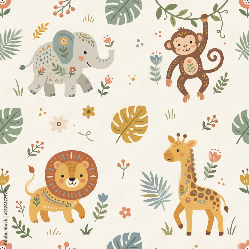 Obraz premium Jungle Friends Pattern: A whimsical and charming pattern featuring adorable cartoon illustrations of an elephant, monkey, lion, and giraffe amidst lush foliage and playful flowers.