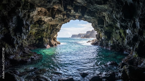View from a dark cave opening to a bright blue ocean with rocky cliffs and waves a natural seascape for travel and adventure concepts