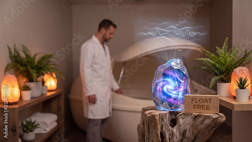 Glowing abstract sculpture stands on a wooden pedestal within a tranquil floatation therapy room.