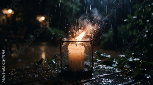 Candle lantern flickering in the rain at night creating sparks and ambiance on a wet wooden table atmospheric outdoor lighting