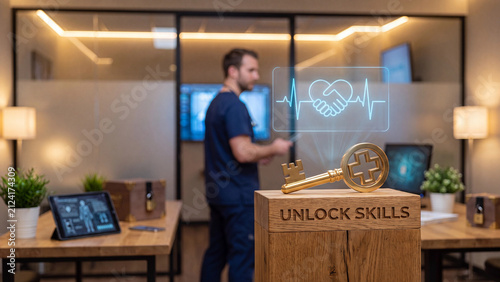 Golden key featuring a heart and handshake icon rests on a wooden pedestal to represent professional medical development.