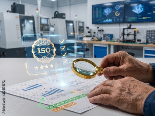 Hands with magnifying glass analyzing ISO 9001 quality certification and business data in a modern industrial manufacturing lab, showcasing rigorous quality control, compliance, and technology.