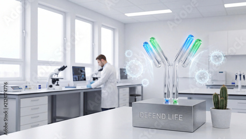 Antibody structure model rests on a laboratory table while a scientist conducts research in the background.