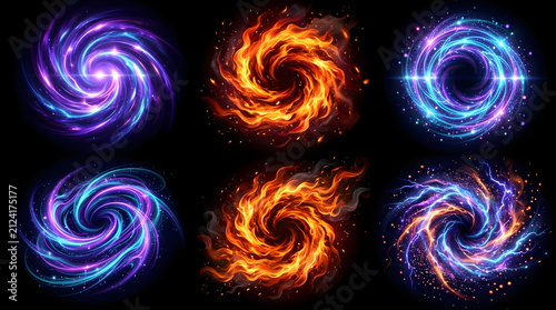 Collection of magical energy portals and cosmic swirls with fire, lightning, and stardust effects