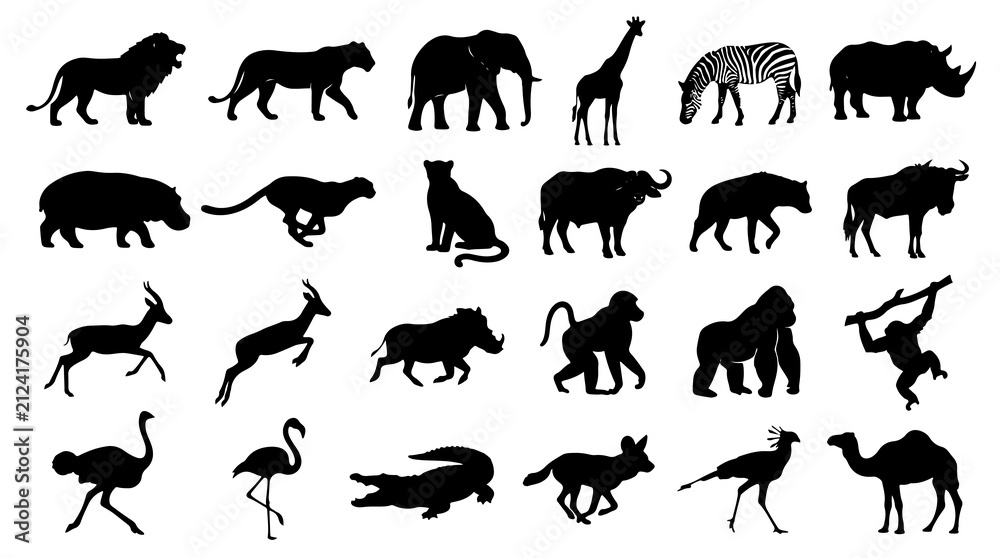 Fototapeta premium African Safari Animal Silhouette Vector Collection with 24 Wildlife Icons