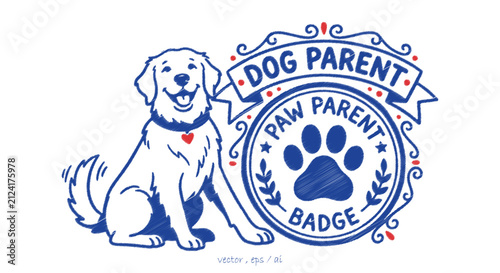 Happy golden retriever dog with decorative paw parent badge circle emblem illustration