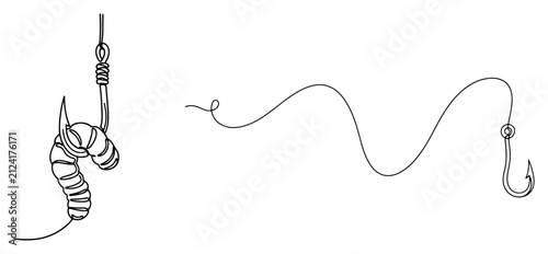 Foto Fishing hook with worm bait and line in minimalist continuous line art style