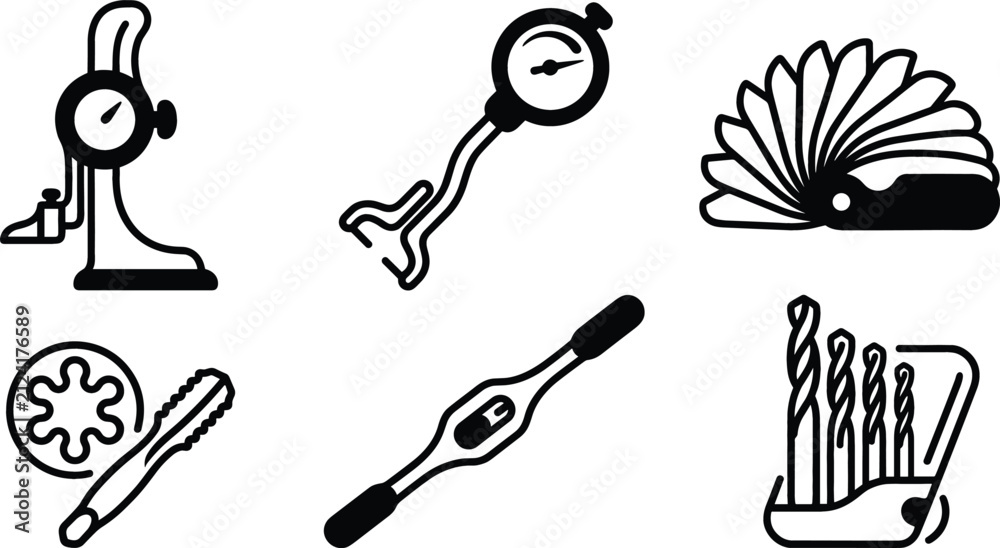 Obraz premium Precision Engineering and Machining Hand Tools Vector Icon Set Featuring Feeler Gauge Height Indicator Dial Bore Gauge Tap Die and Drill Bit Graphic Designs