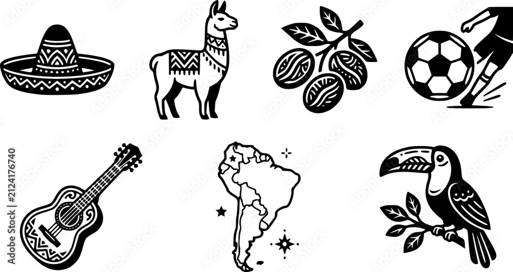 Obraz premium Black glyph icons of latin american culture and symbols vector illustration on white