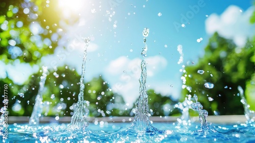 Bubbles and splashes of water in a serene outdoor setting, capturing the beauty of nature under a clear blue sky and the warmth of sunlight reflecting on tranquil water surfaces.