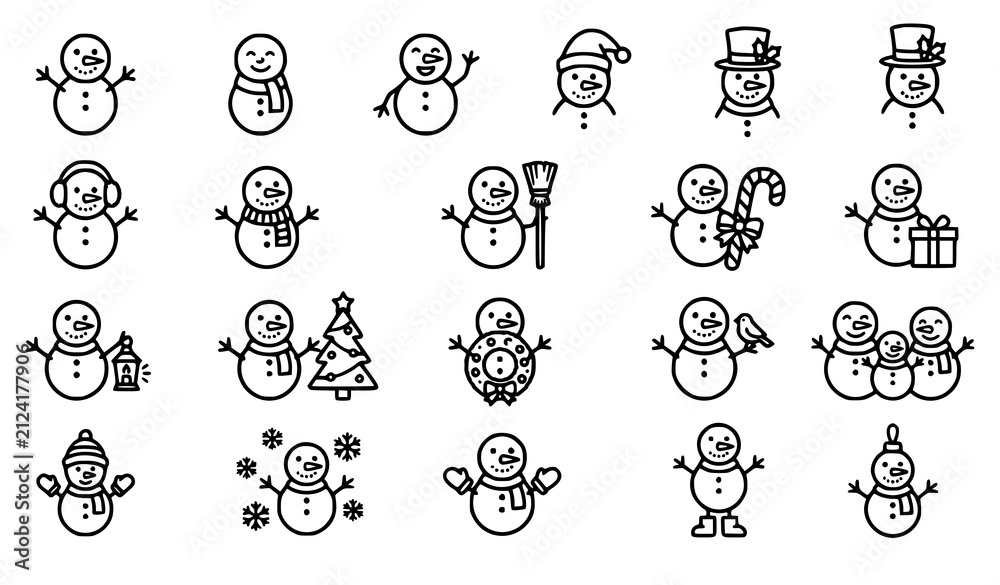 Fototapeta premium Modern Snowman Christmas Outline Vector Icon Set for Winter Holiday Graphics
