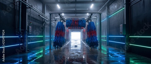 Automatic car wash tunnel with colorful spinning brushes and vibrant neon lights creating a dynamic futuristic atmosphere