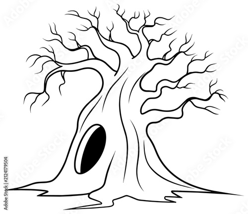 Leafless Tree Line Art Illustration with Hollow Trunk Isolated on Transparent Background
