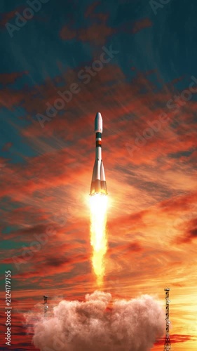 3D animation of an orbital launch vehicle lifting off at sunrise. Powerful rocket engines, dramatic exhaust plume, and colorful morning sky create a realistic space launch scene.