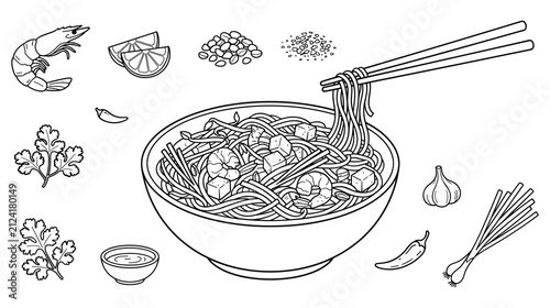 Thai pad thai noodle soup with shrimp and tofu line art drawing.
