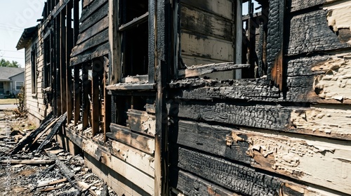 A destroyed home showing heavy charring and damage after a fire.